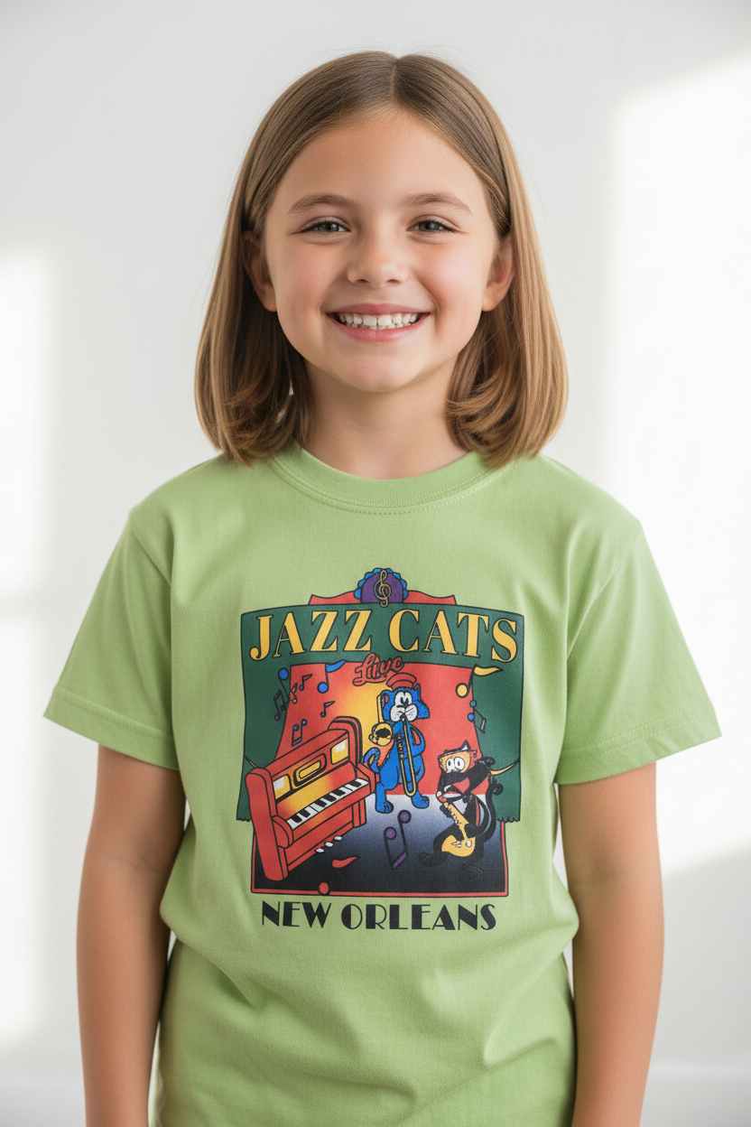 A smiling young girl with shoulder-length light brown hair wearing a light green t-shirt with a colorful 'Jazz Cats New Orleans' graphic on the front, set against a bright, softly lit white background.