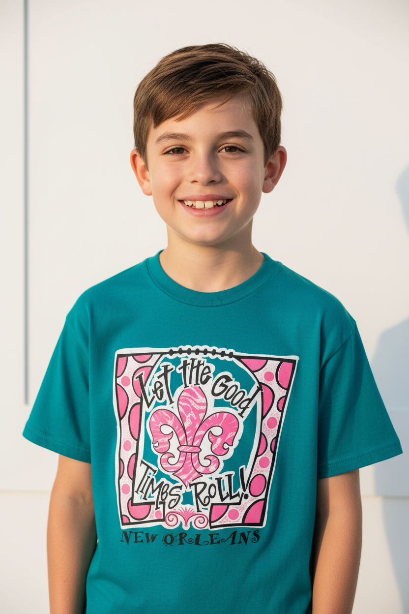 A smiling young boy wearing a teal short-sleeve graphic t-shirt with a pink and white fleur-de-lis design and the text 'Let the Good Times Roll' and 'NEW ORLEANS'.