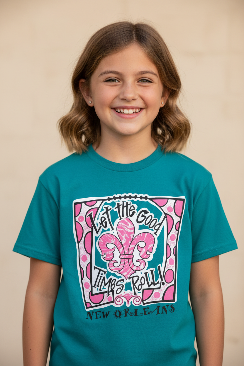 A young girl with shoulder-length brown hair smiling, wearing a teal short-sleeve graphic t-shirt with a pink New Orleans fleur-de-lis design on the front, set against a plain beige background.