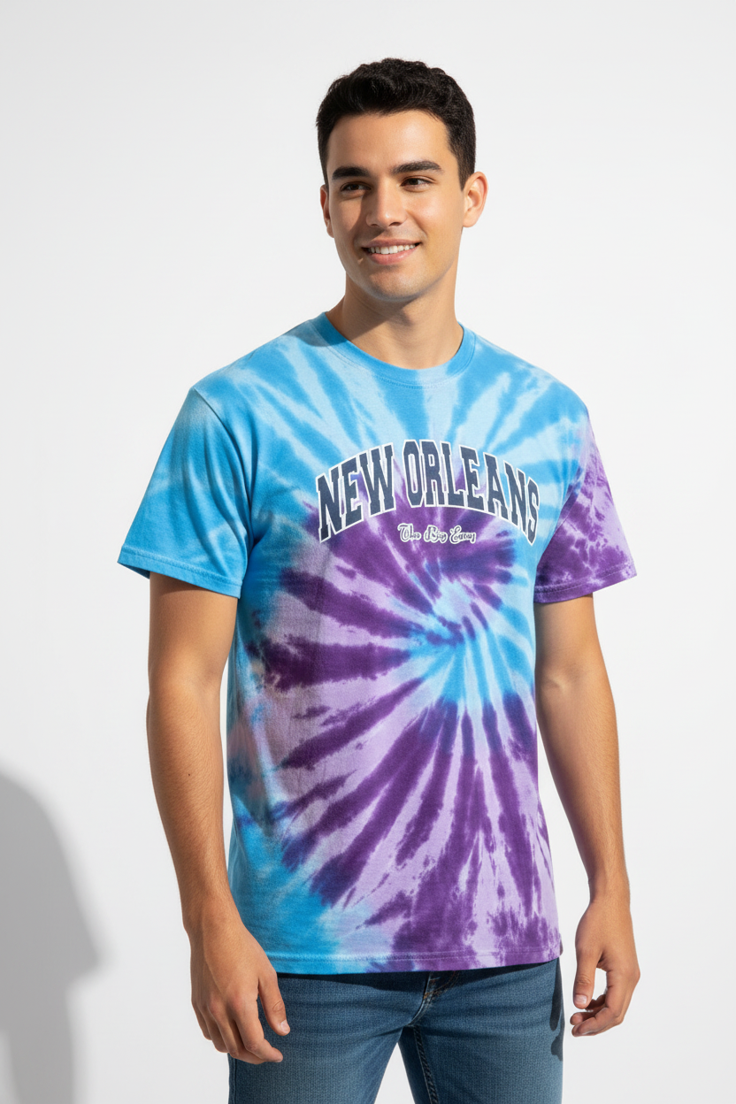 A man wearing a blue and purple tie-dye t-shirt with 'NEW ORLEANS' printed in white across the chest, paired with blue jeans, against a light gray studio background.