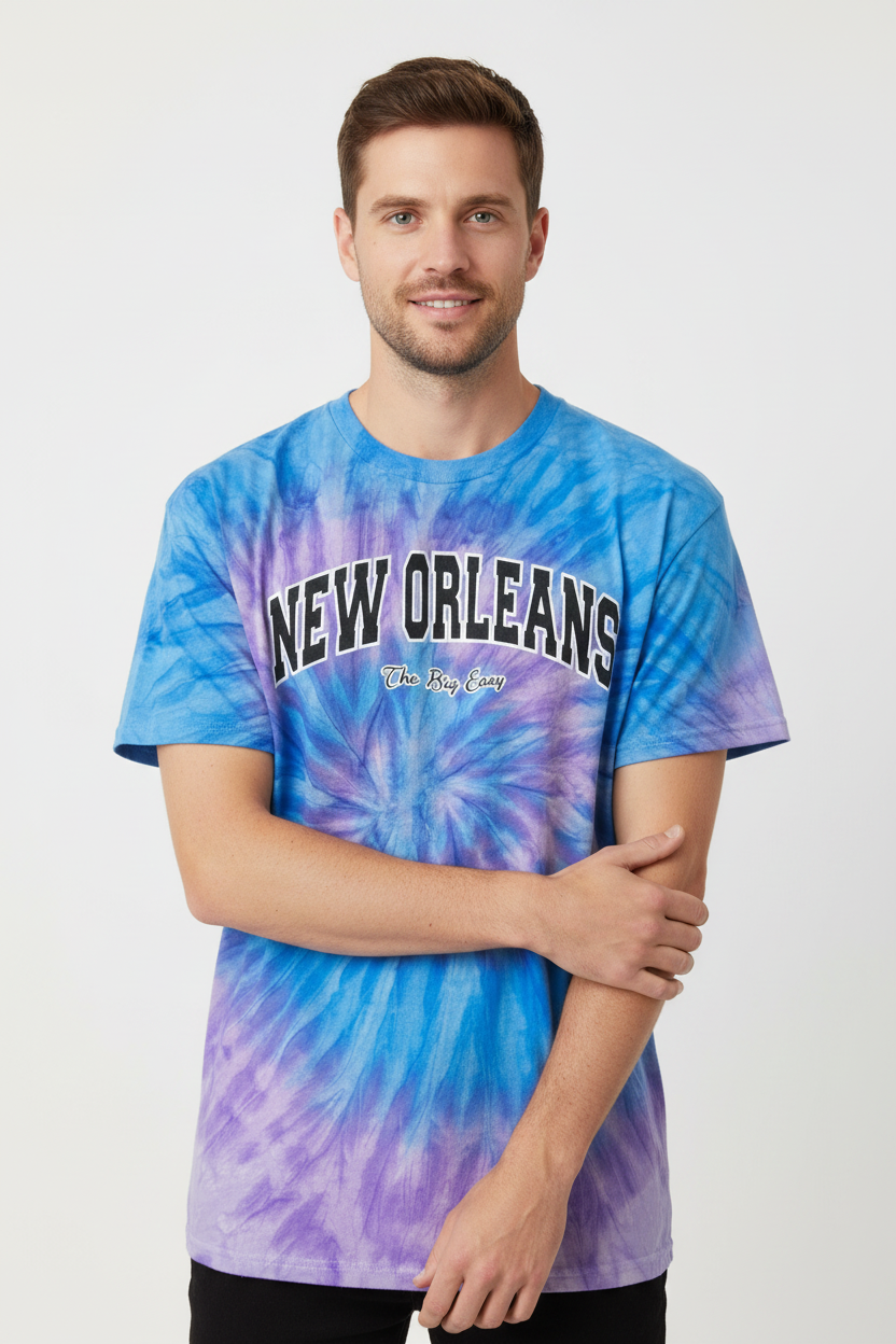 Male model blue purple tie-dye