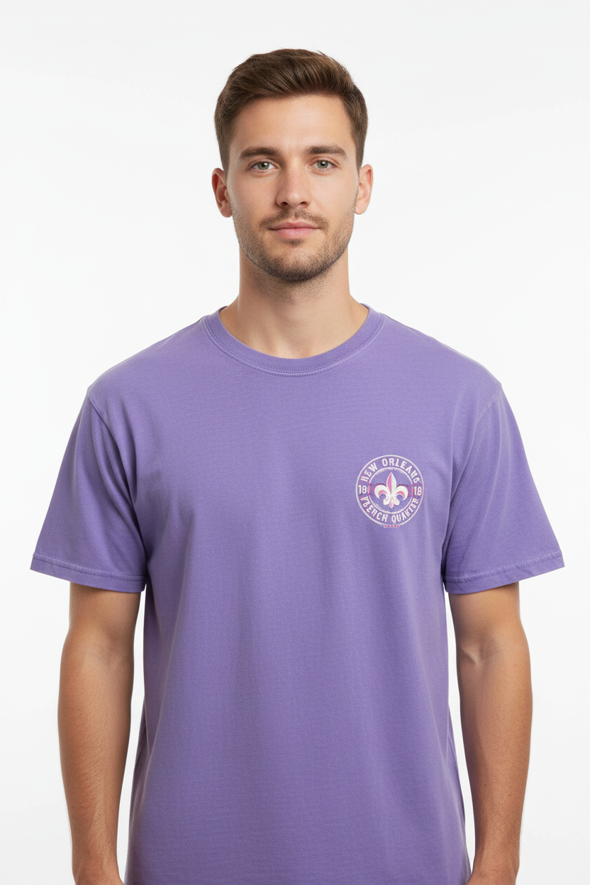 Male model front view in purple New Orleans tee