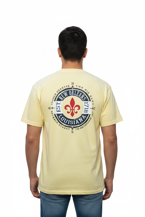 Male model in butter yellow New Orleans tee