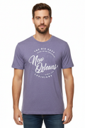 Male model in heather purple New Orleans tee