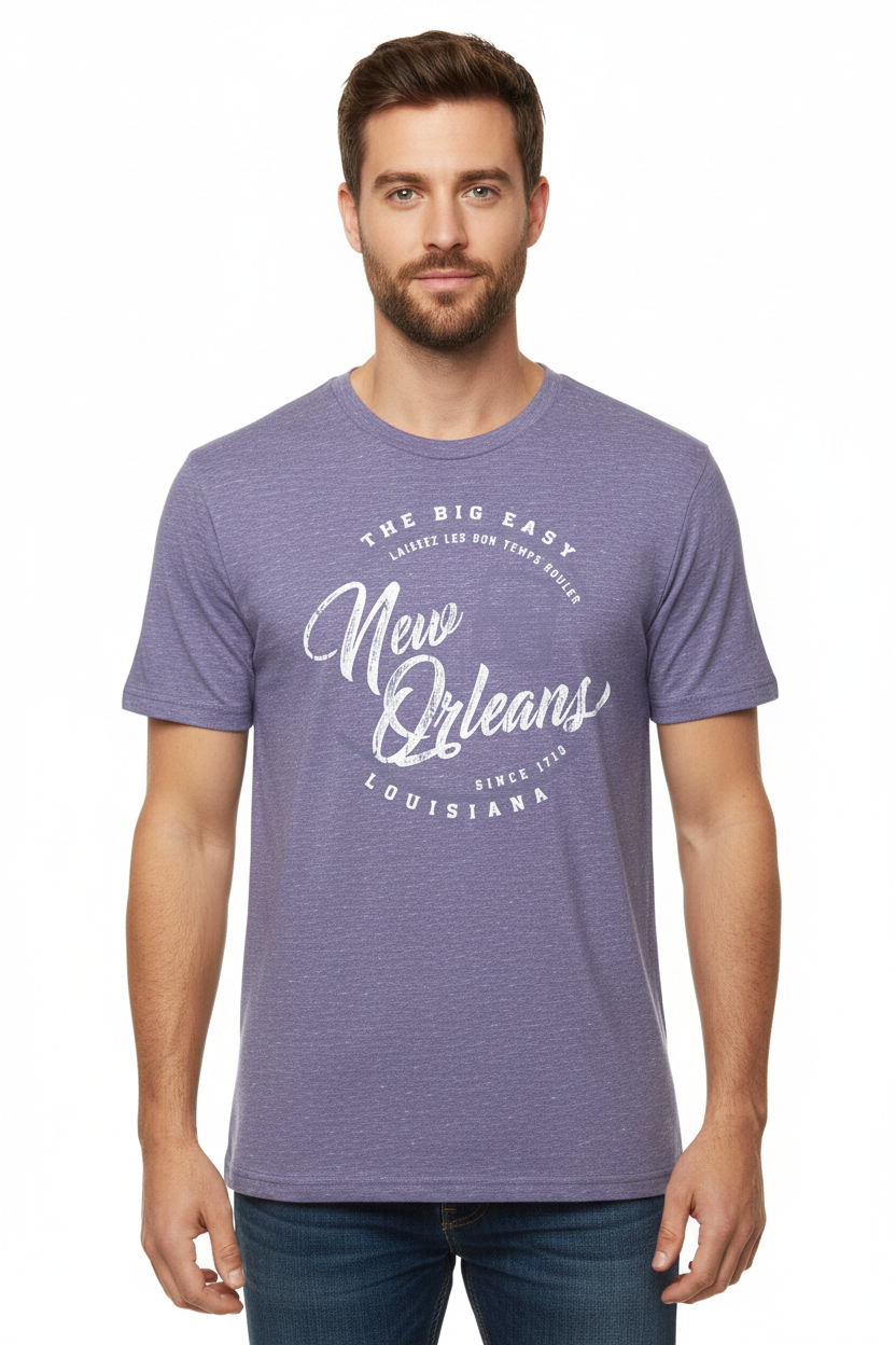 Male model in heather purple New Orleans tee