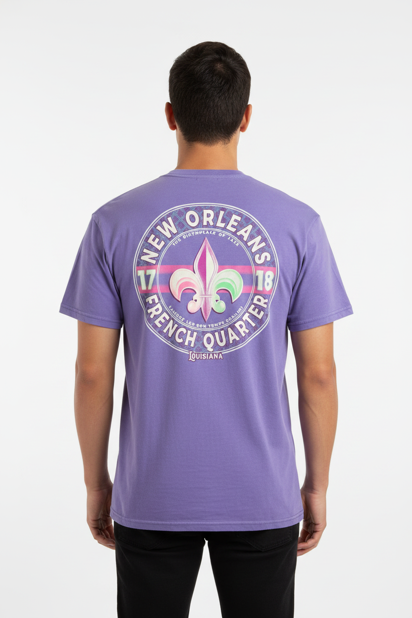 Male model in purple New Orleans French Quarter tee