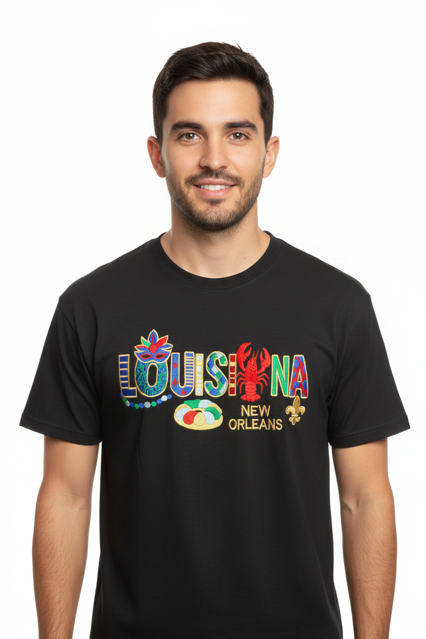 Male model - Louisiana New Orleans Embroidered Tee