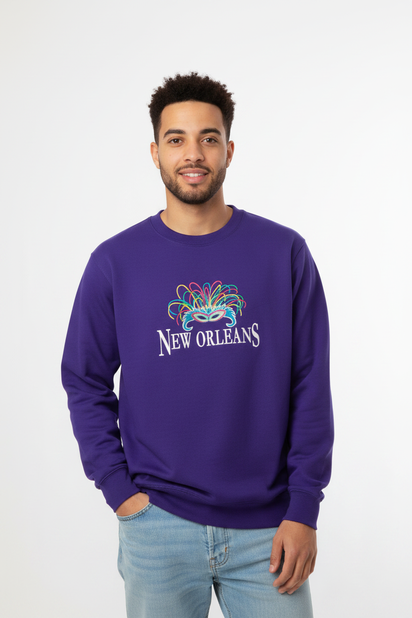 Male model purple sweatshirt