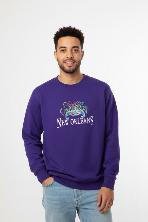 Male model purple sweatshirt