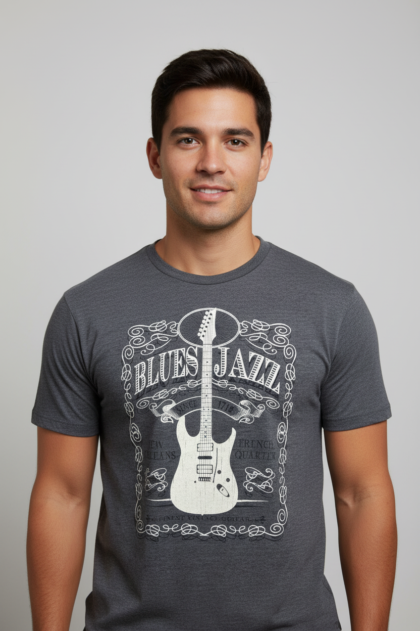Male model wearing Blues Jazz Guitar Tee