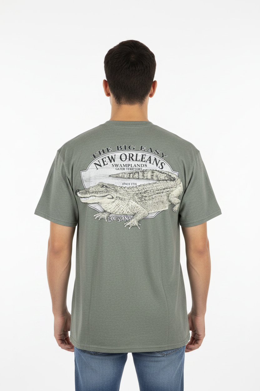 Male model wearing green gator tee