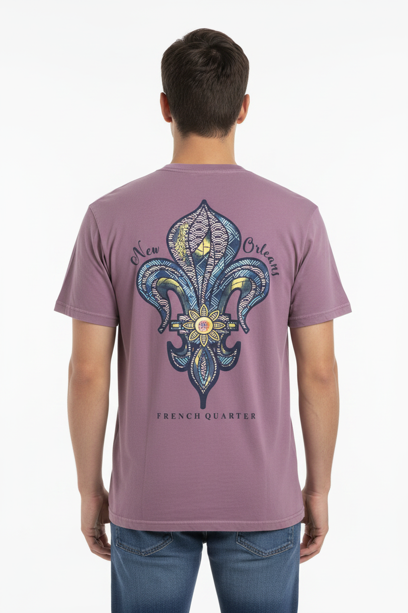 Male model with smaller fleur-de-lis graphic