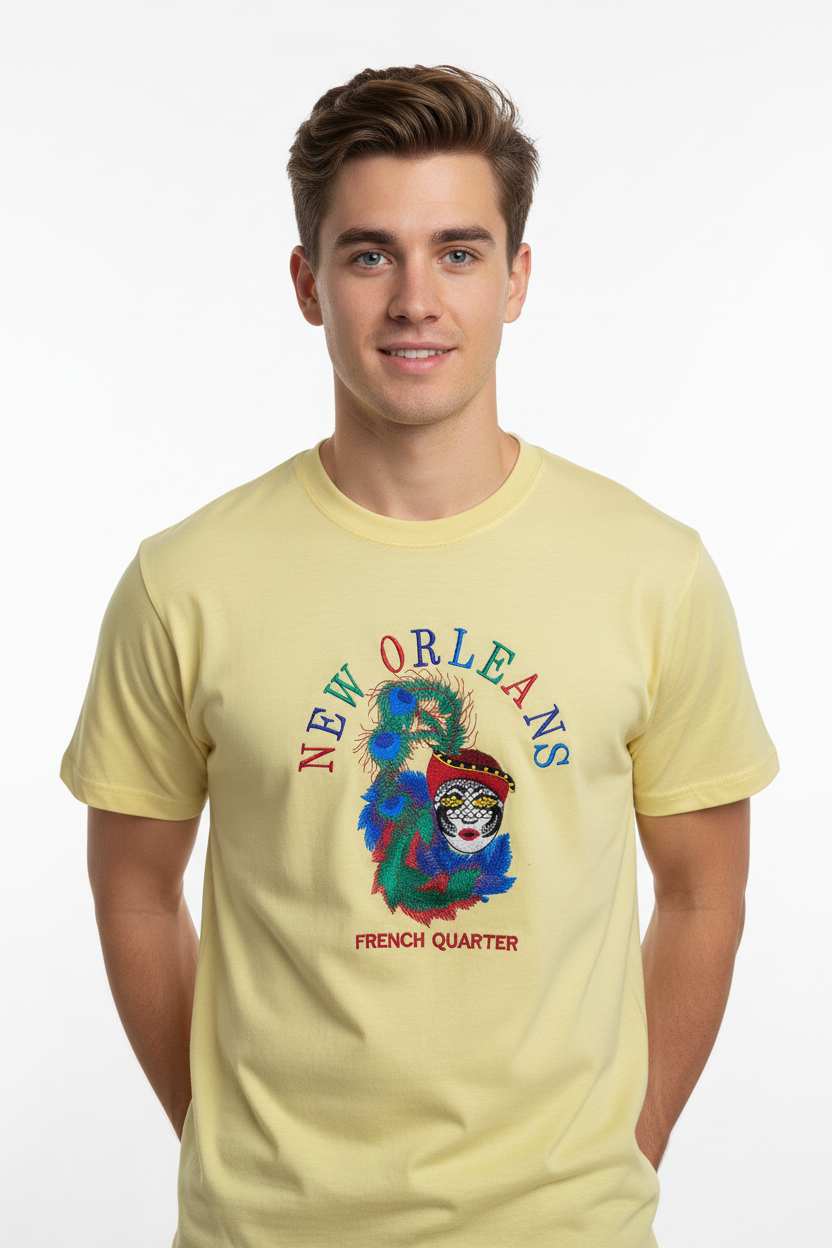 Male model - Yellow New Orleans French Quarter Embroidered Tee