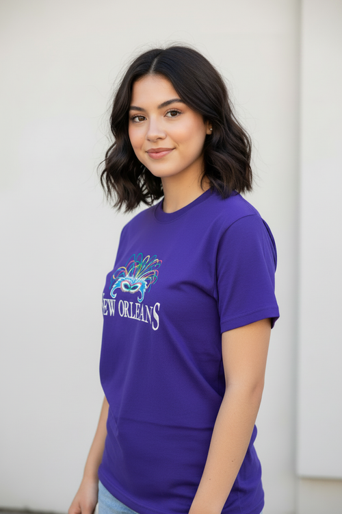 Mardi Gras Mask Tee - Female Model