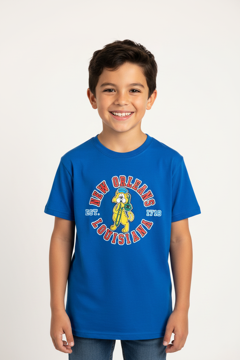 A smiling young boy wearing a bright blue short-sleeve graphic t-shirt with a red and yellow New Orleans design, paired with blue jeans, photographed against a clean off-white background.