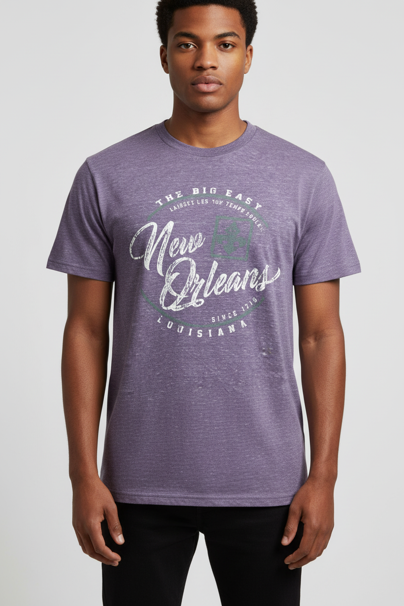 Male model wearing a heather light purple New Orleans graphic tee with distressed white script reading 'New Orleans Louisiana Since 1718 The Big Easy' — studio shot, gray background