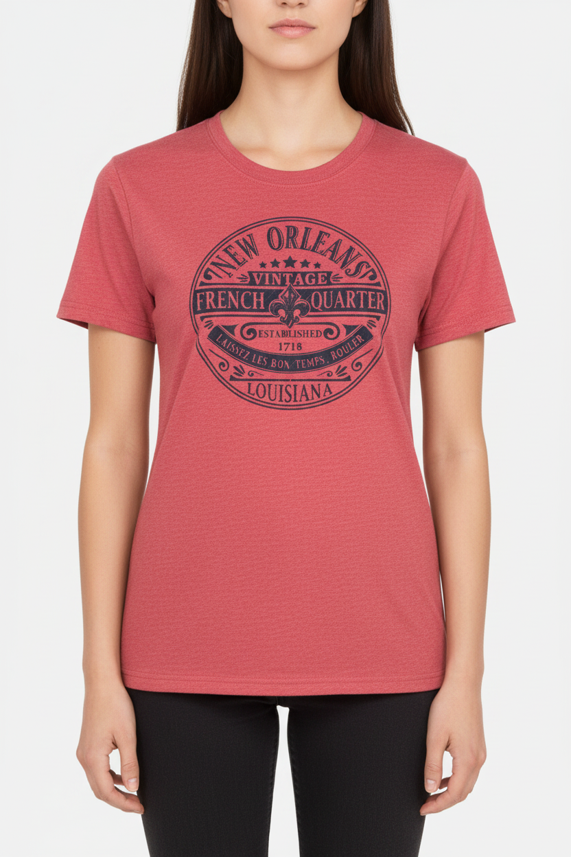 A woman wearing a heathered cardinal red hort-sleeve t-shirt with a dark navy graphic print on the front that reads 'New Orleans Vintage French Quarter Louisiana'.