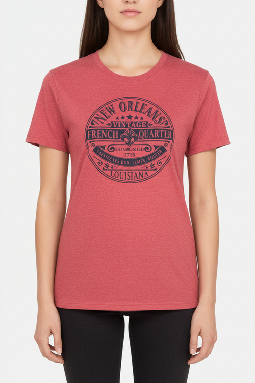 A woman wearing a heathered cardinal red hort-sleeve t-shirt with a dark navy graphic print on the front that reads 'New Orleans Vintage French Quarter Louisiana'.