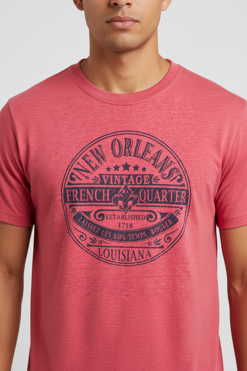 A man wearing a heathered cardinal red t-shirt with a dark navy blue graphic print on the front that reads 'New Orleans Vintage French Quarter Louisiana'.