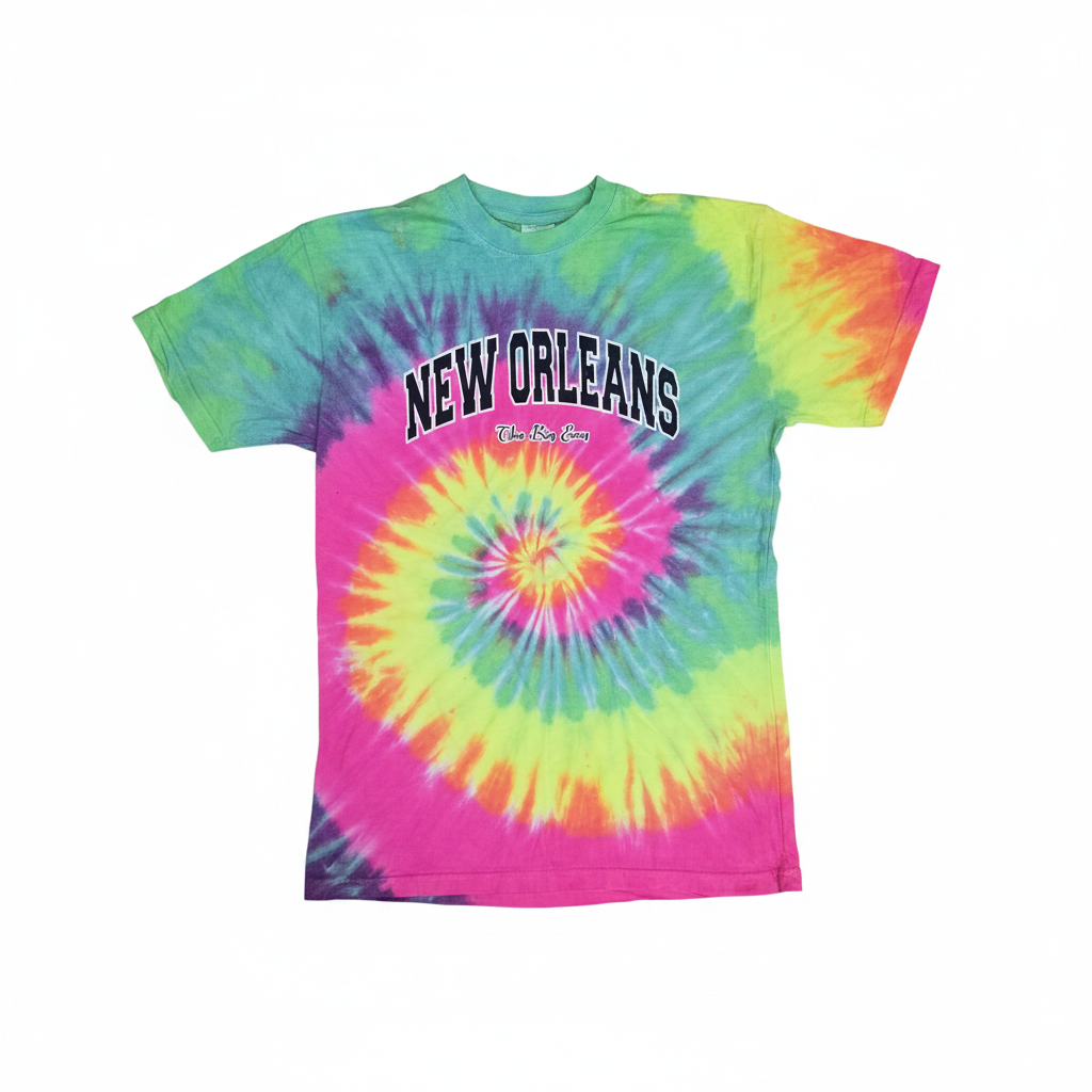 A short-sleeve tie-dye t-shirt featuring a vibrant spiral pattern in pink, yellow, green, and blue, with 'NEW ORLEANS' printed across the chest in arched black letters with a white outline.