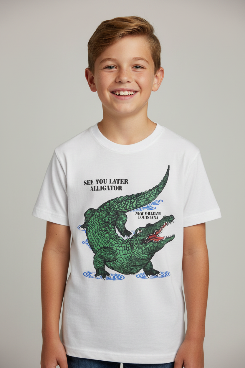 A smiling young boy wearing a white short-sleeve t-shirt with a green alligator graphic and the text 'SEE YOU LATER ALLIGATOR' and 'NEW ORLEANS, LA.' on a light gray studio background.
