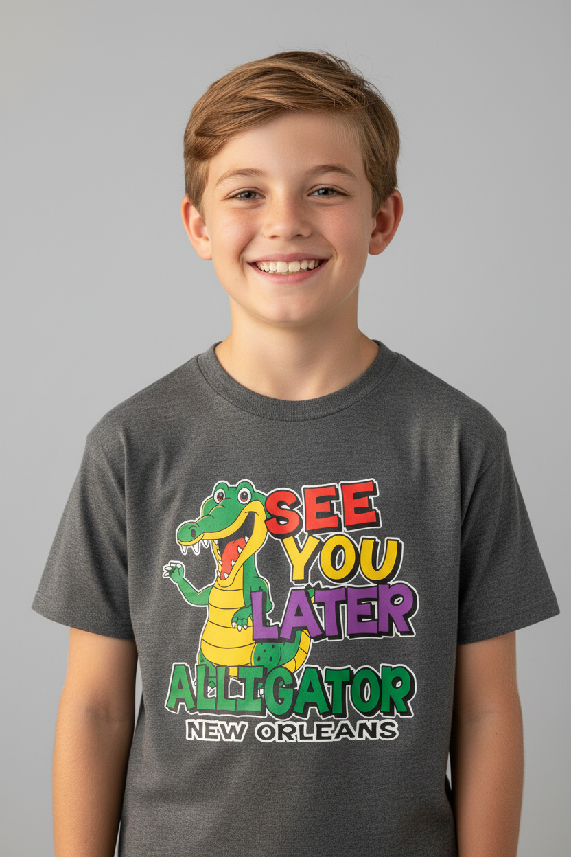 A smiling young boy with light brown hair wearing a dark gray graphic t-shirt. The shirt features a cartoon alligator and the text 'SEE YOU LATER ALL GATOR NEW ORLEANS' in colorful lettering.
