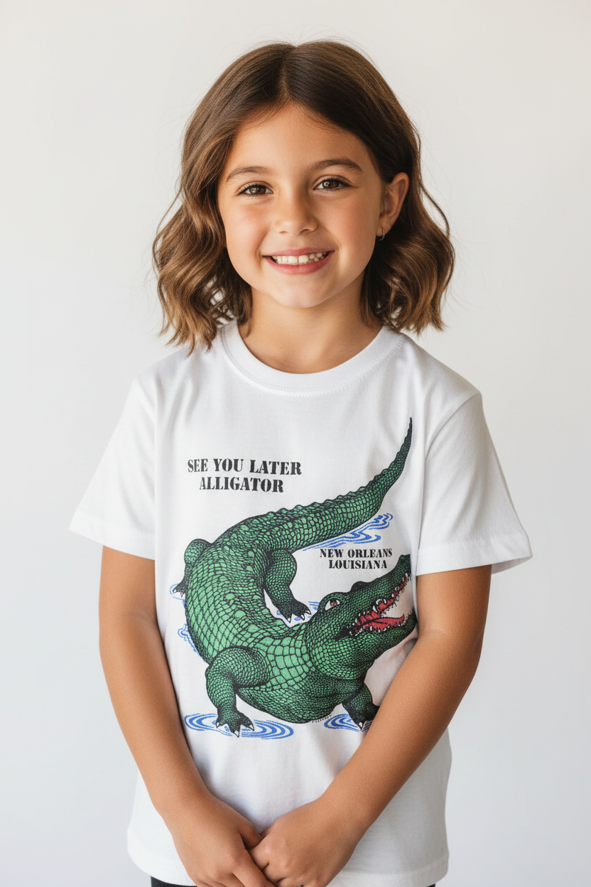 A young girl with shoulder-length brown hair smiling while wearing a white short-sleeve t-shirt with a green alligator graphic and the text 'SEE YOU LATER ALLigator' and 'NEW ORLEANS LOUISIANA'.