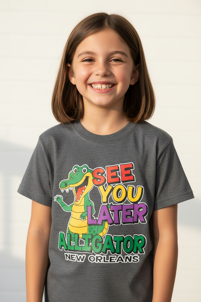 A young girl with shoulder-length brown hair smiling, wearing a dark gray heather graphic t-shirt featuring a cartoon alligator and the text 'SEE YOU LATER ALLigator NEW ORLEANS'.