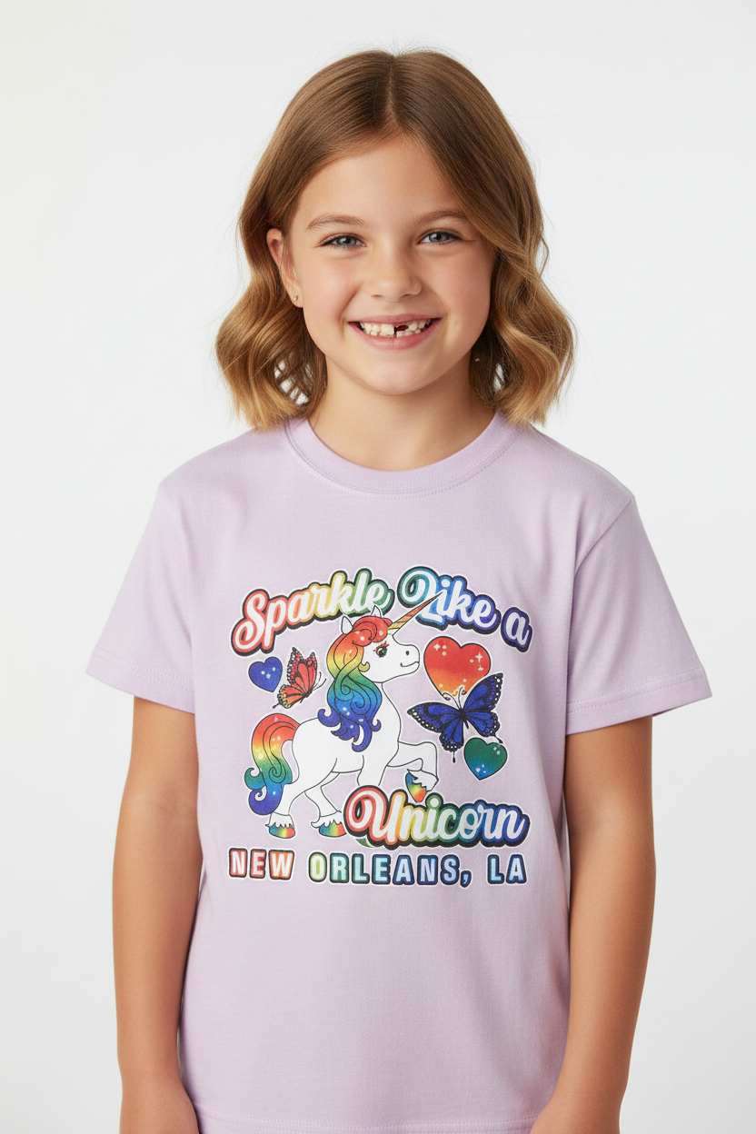 A young girl with wavy light brown hair smiling, wearing a light lavender crewneck t-shirt with a colorful graphic of a unicorn, butterflies, and the text 'Sparkle Like a Unicorn NEW ORLEANS, LA'.