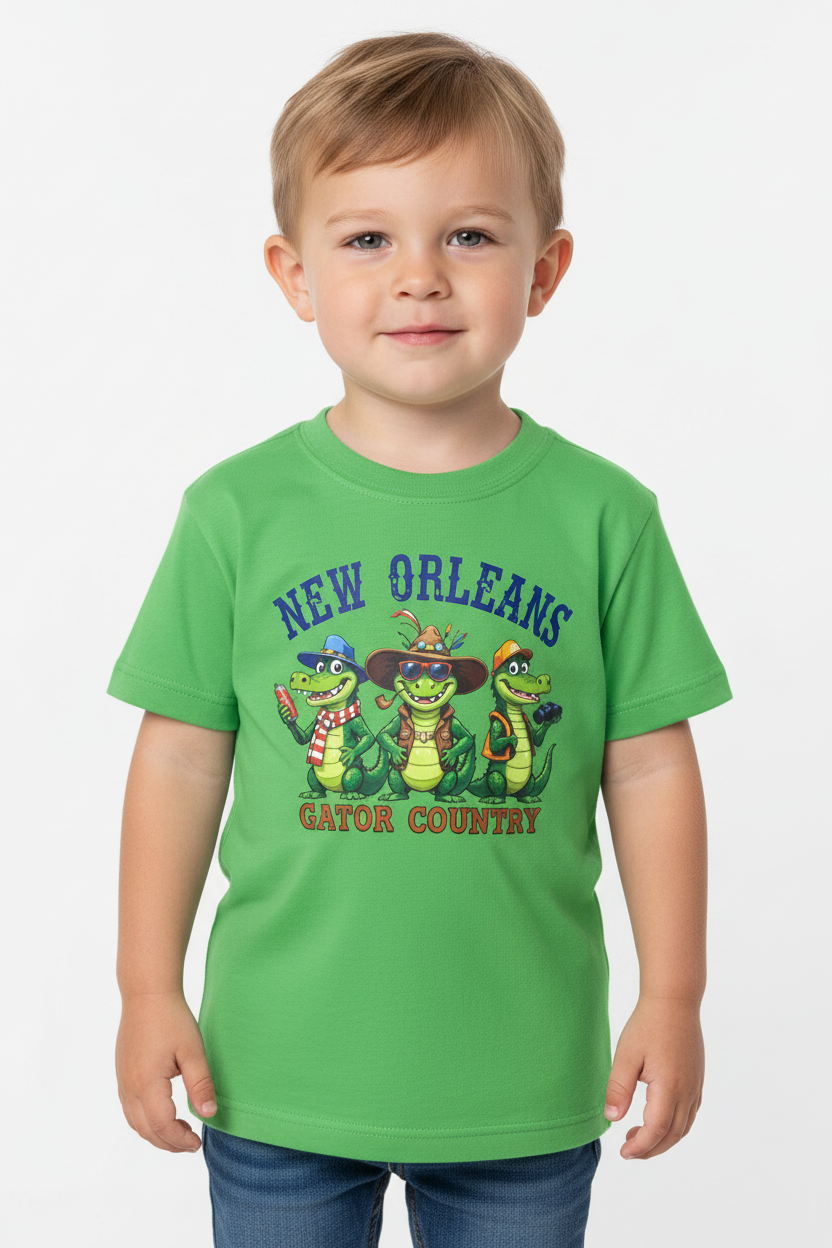 A young child wearing a bright green short-sleeve t-shirt with a 'New Orleans Gator Country' graphic featuring cartoon alligators, paired with blue jeans, against a plain light gray background.