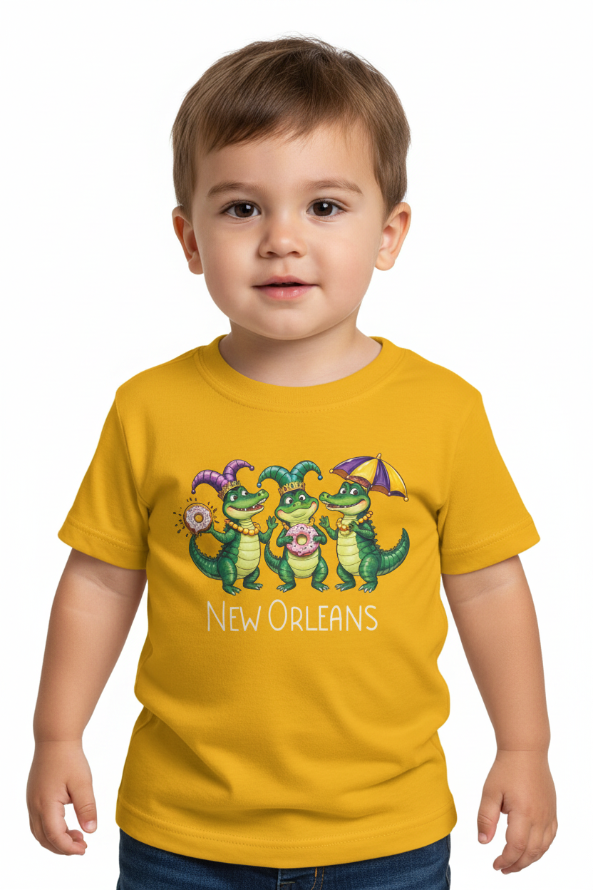 A toddler boy wearing a bright yellow t-shirt with a colorful graphic of three green alligators in Mardi Gras attire and the text 'New Orleans' printed on the front, set against a plain white background.
