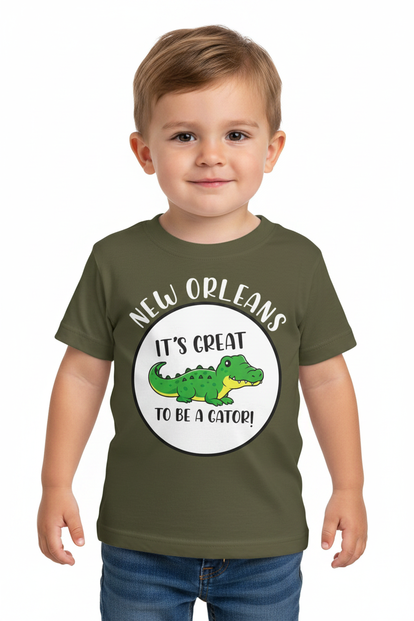 A toddler boy wearing an olive green t-shirt with a circular graphic that reads 'NEW ORLEANS IT'S GREAT TO BE A CATOR!' around a cartoon green alligator, paired with blue jeans, on a solid white background.