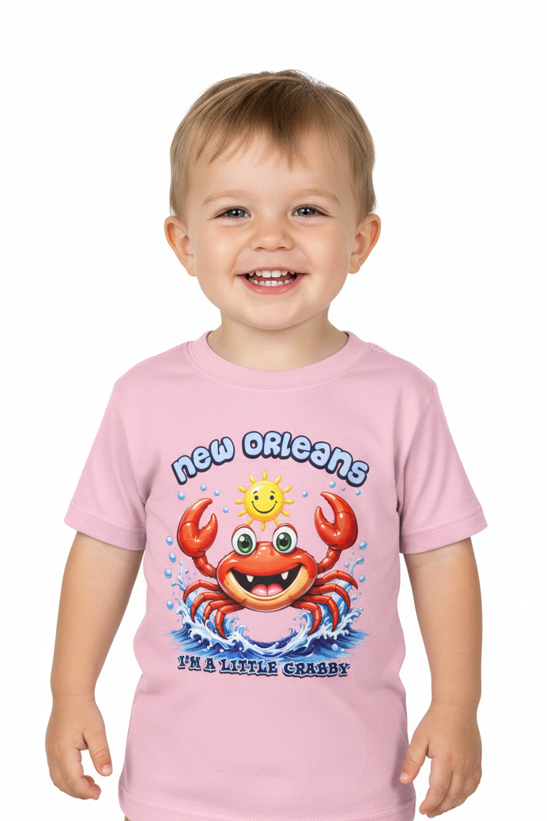 A smiling toddler wearing a light pink short-sleeve t-shirt with a colorful cartoon crab graphic and the text 'new orleans' and 'i'm a little crappy' on a plain white background.