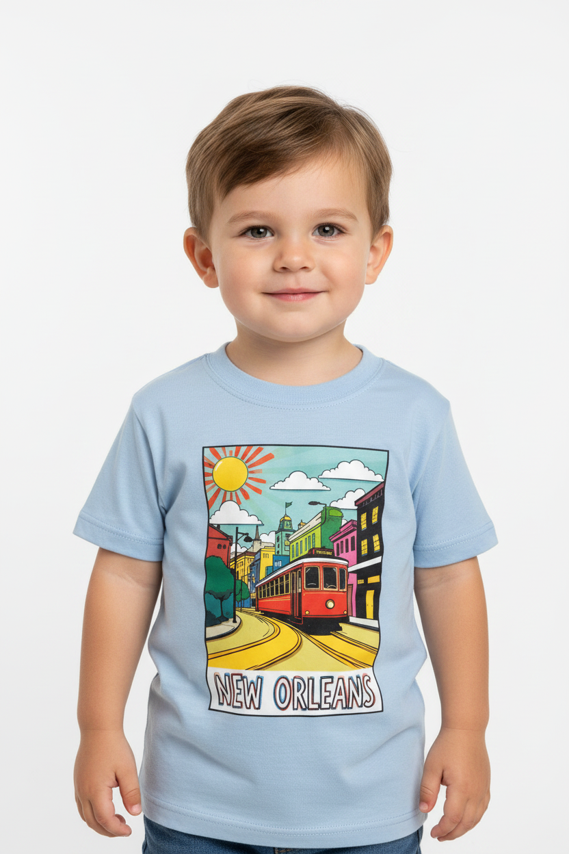 A young child wearing a light blue t-shirt with a colorful graphic of a New Orleans street scene featuring a red trolley and the text 'NEW ORLEANS'.