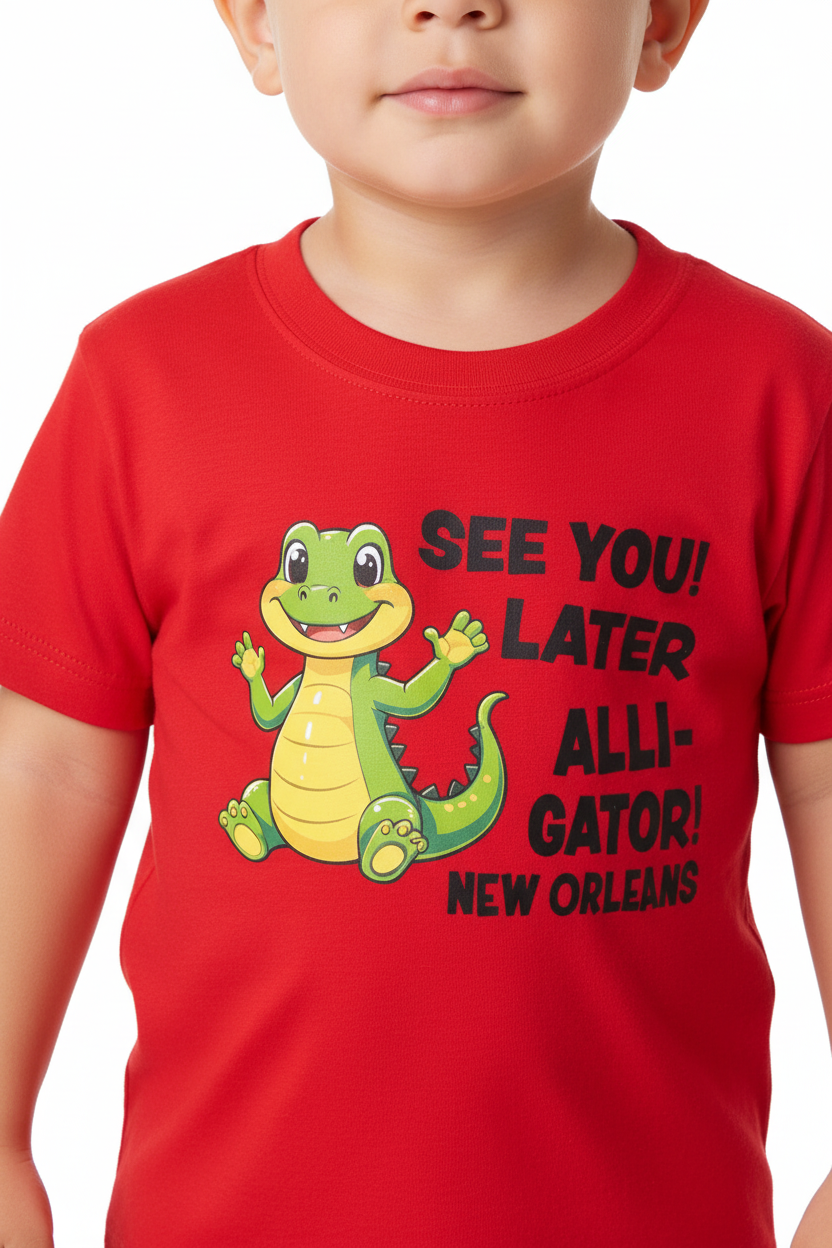 A close-up of a child wearing a bright red short-sleeve t-shirt with a cartoon alligator graphic and the text 'SEE YOU! LATER ALLI-GATOR! NEW ORLEANS' in black.