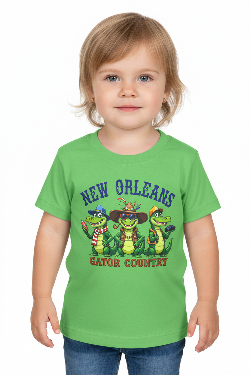 A young child wearing a bright green graphic t-shirt with cartoon alligators and the text 'NEW ORLEANS GATOR COUNTRY' on a plain white background.