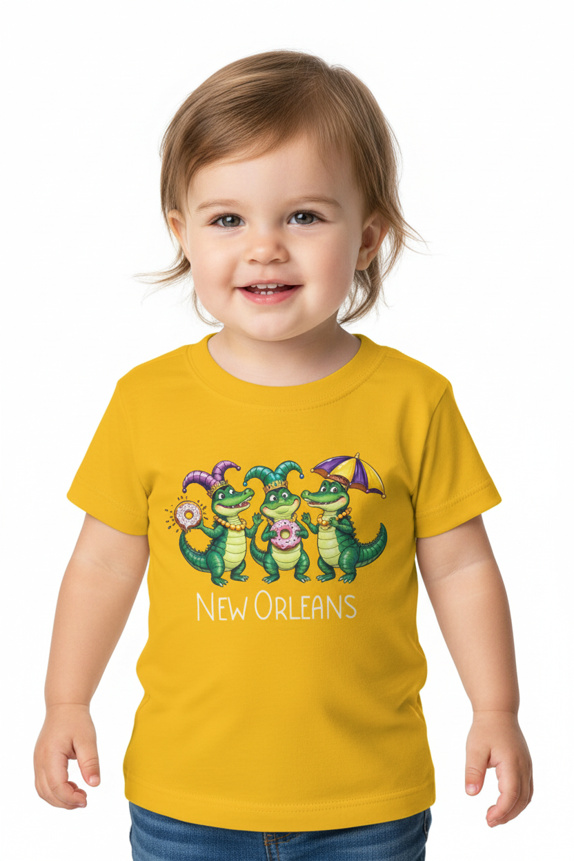 A toddler girl with light brown hair smiling, wearing a bright yellow t-shirt with a colorful graphic of three green alligators wearing purple and green Mardi Gras hats, with the text 'NEW ORLEANS' printed below. She is also wearing blue jeans, set against a plain white background.