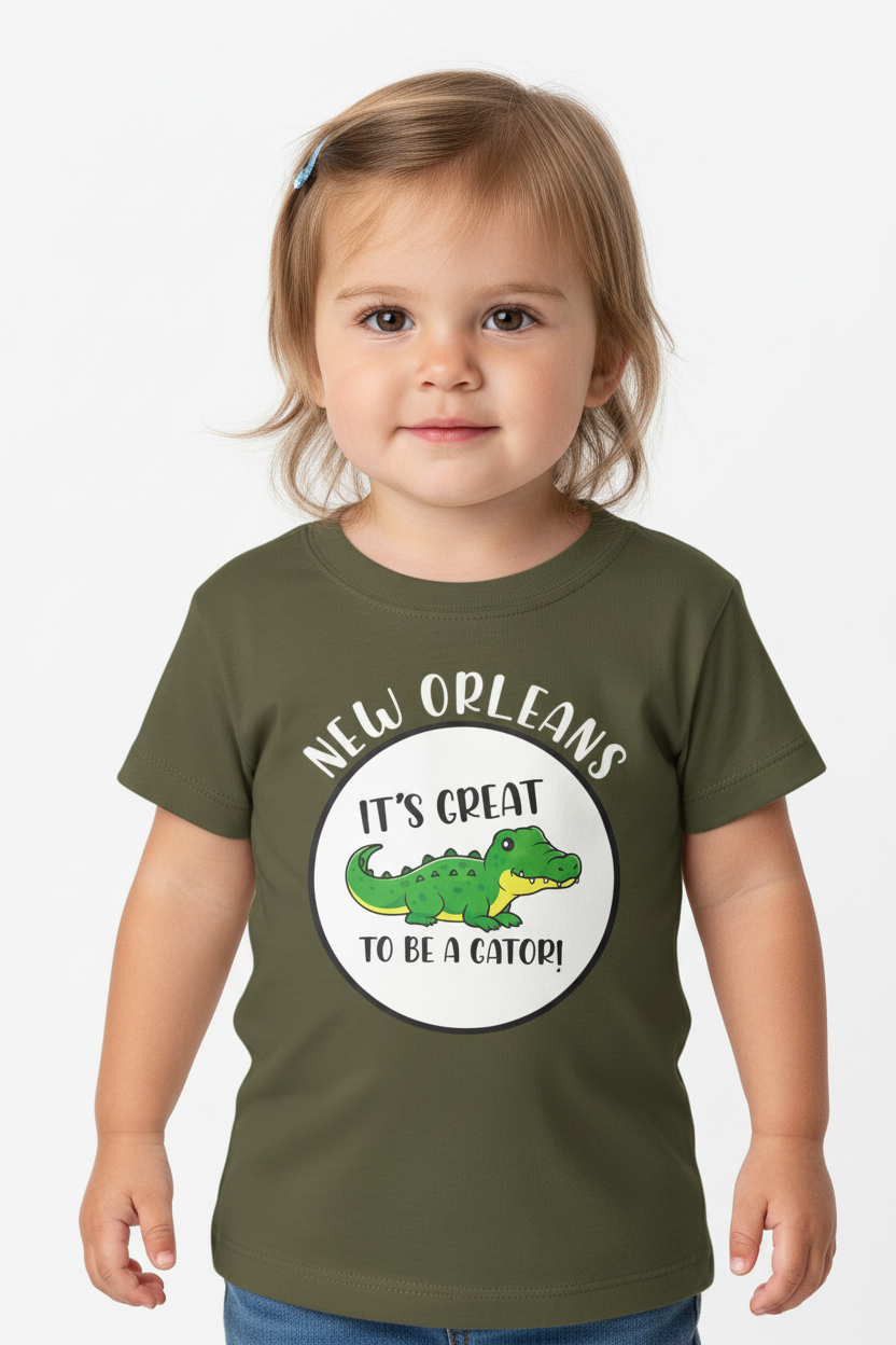 A toddler girl wearing an olive green t-shirt with a circular graphic that reads 'NEW ORLEANS IT'S GREAT TO BE A CATCHER!' featuring a cartoon green alligator, set against a plain white background.