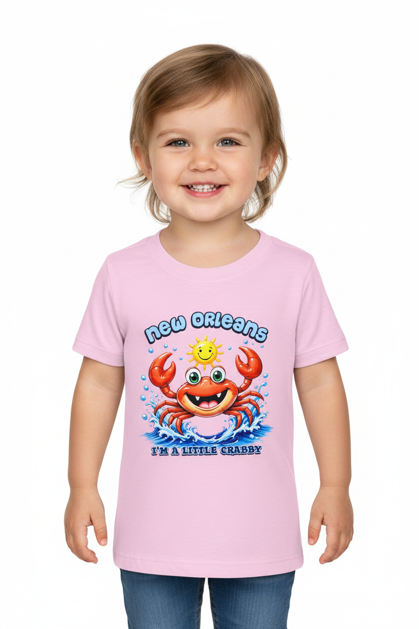 A young child wearing a light pink short-sleeve t-shirt with a colorful cartoon crab graphic and the text 'New Orleans I'm a Little Crabby' on the front, paired with blue jeans, set against a plain white background.