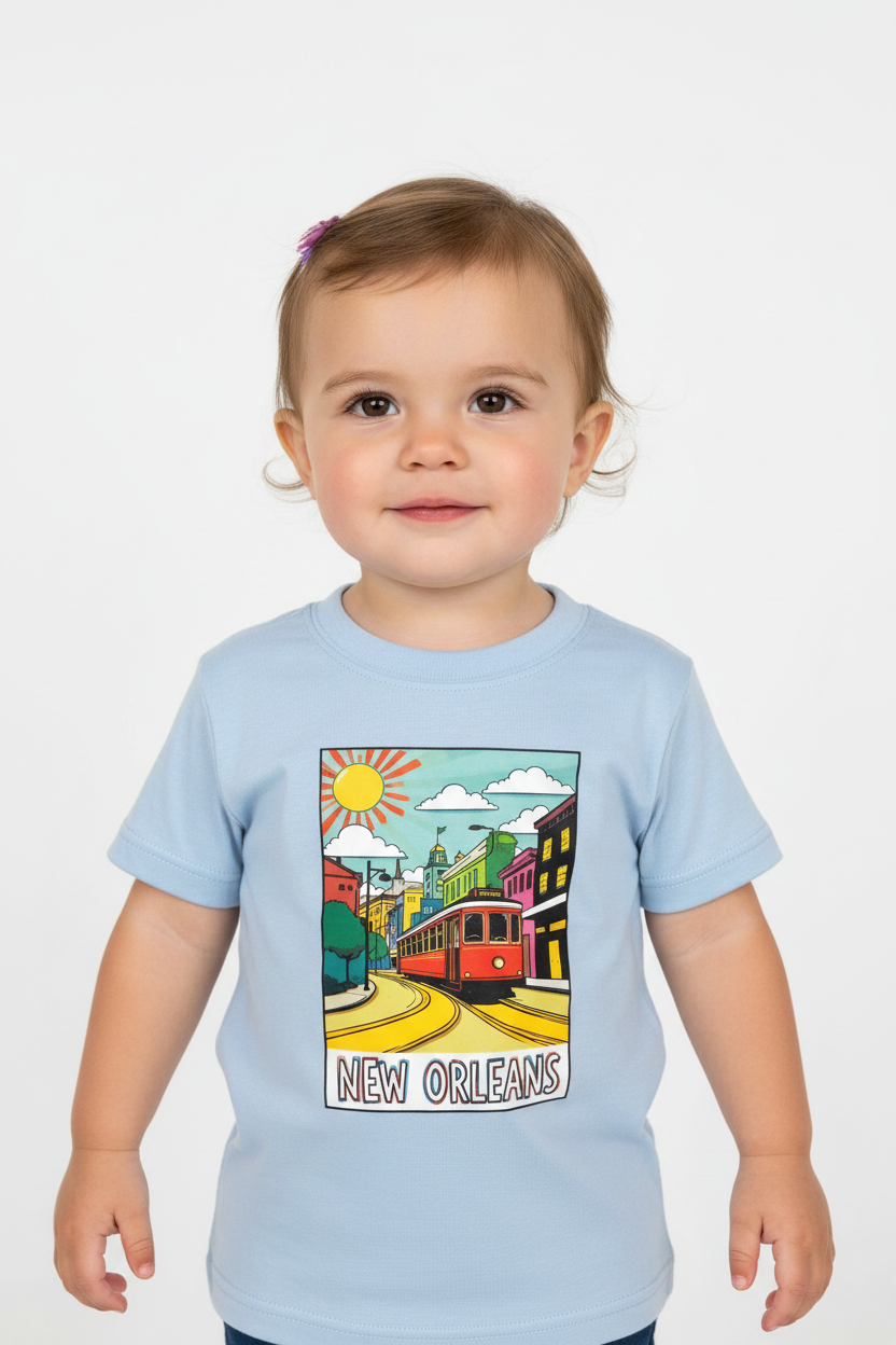 A toddler girl wearing a light blue short-sleeve t-shirt with a colorful 'New Orleans' street art graphic on the front, standing against a plain white background.