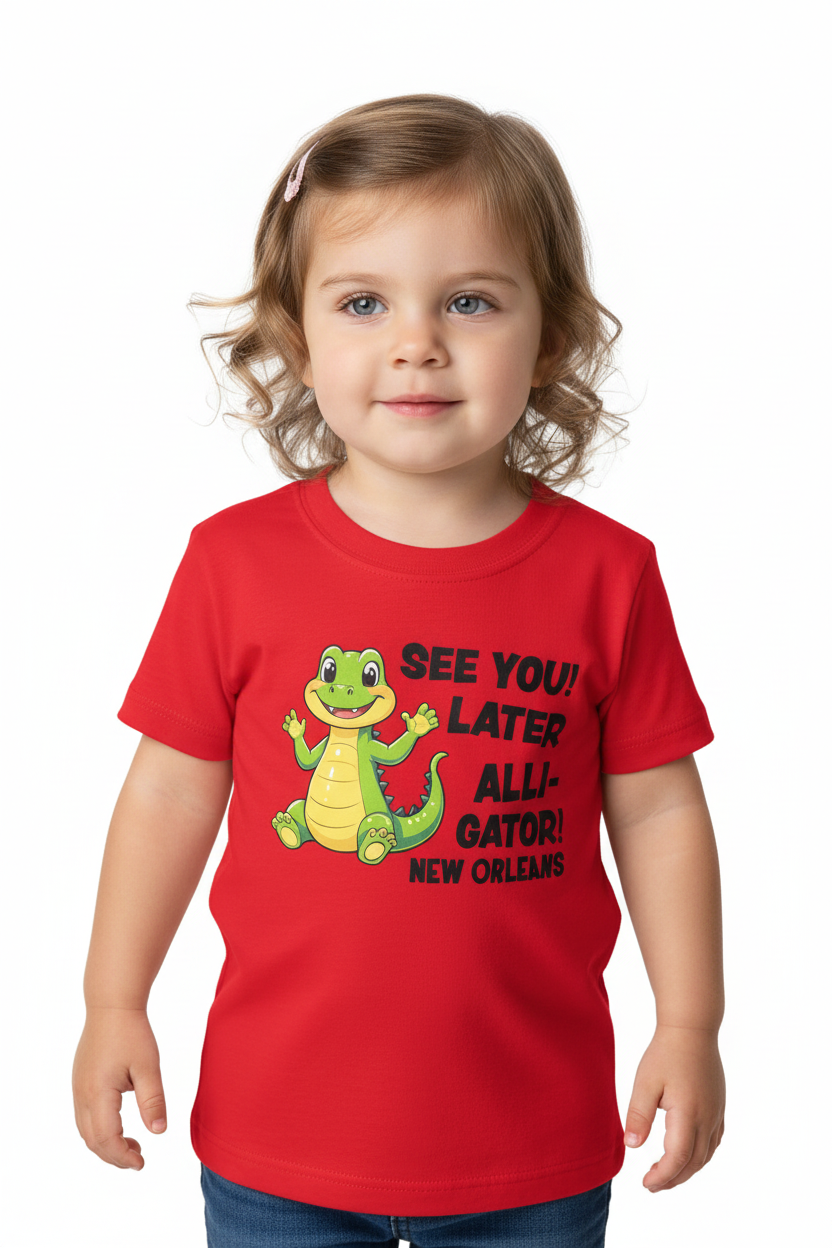 A toddler girl with light brown hair wearing a bright red t-shirt with a cartoon alligator graphic and the text 'SEE YOU! LATER ALL-GATOR! NEW ORLEANS'.