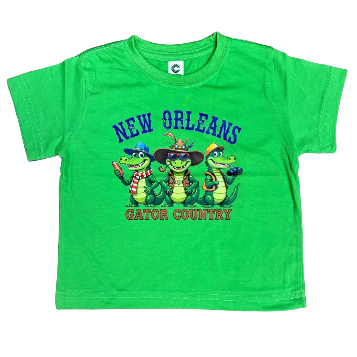 A bright green short-sleeve kids' t-shirt with a 'New Orleans Gator Country' graphic featuring three cartoon alligators.